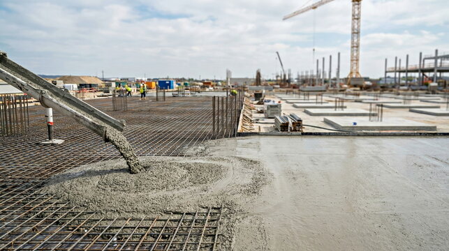 Pouring fresh concrete onto steel rebar mesh at a large construction site, symbolizing urban development, progress, and laying strong foundations for future growth.