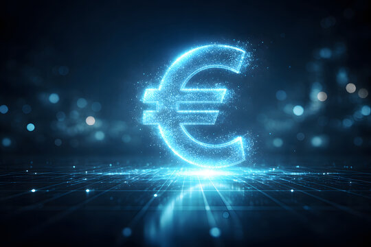 Bright euro symbol glowing in a blue digital environment with soft bokeh lights. Concept of European finance, digital economy and currency value