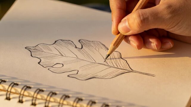 Placing pencil at vein, hand drawing hatching leaf veins on pad outdoors in warm light, pen