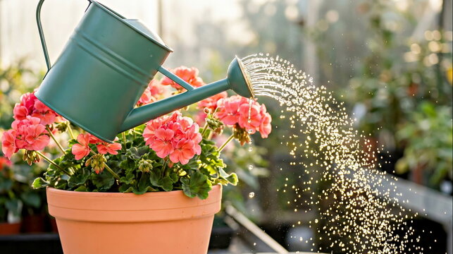 A green watering can showers delicate pink geraniums in a terracotta pot, symbolizing care, growth, and investment in nurturing life or projects.