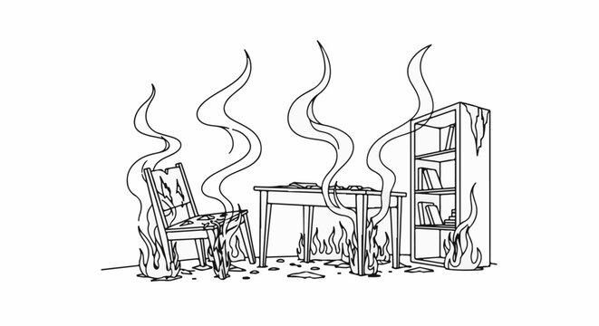 Line drawing of a room on fire, with a burning chair, desk, and bookshelf