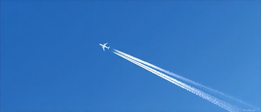 Commercial passenger jet flying high in clear blue sky leaving white contrail vapor trail behind
