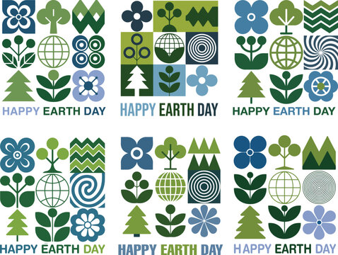 Happy Earth Day vector illustrations, geometric nature icons set, eco friendly environmental posters with green plants and globe symbols