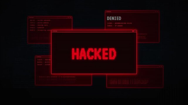 Hacked warning on multiple red terminal windows. System takeover and access denied alerts. Data override commands on dark screen. Cybercrime and network intrusion concept.