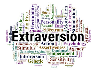 Obraz premium Extraversion Word Cloud. An Analytical Mapping of Reward Processing, Cortical Arousal, Social Facets, and Behavioral Energetics within the Five Factor Personality Model.