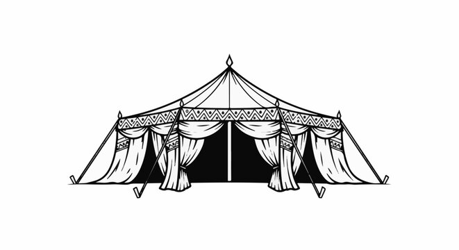 Ornate, large, open tent with draped fabric and decorative trim