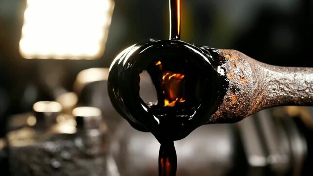 Crude oil drips from rusty metal machinery in a dark industrial setting or Close up of thick black oil flowing from a metal wrench in factory