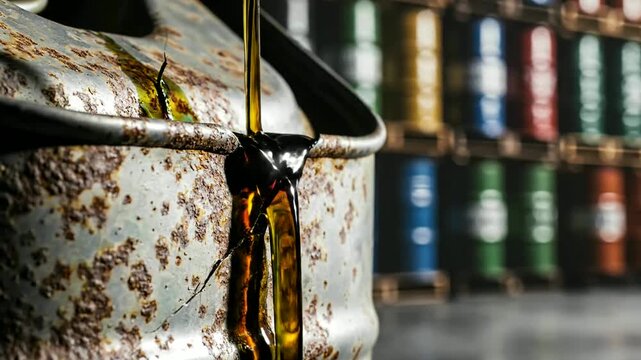 Oil being poured on rusty barrel depicts energy crisis or Oil stream flows down rusted drum symbolizing petroleum industry decline