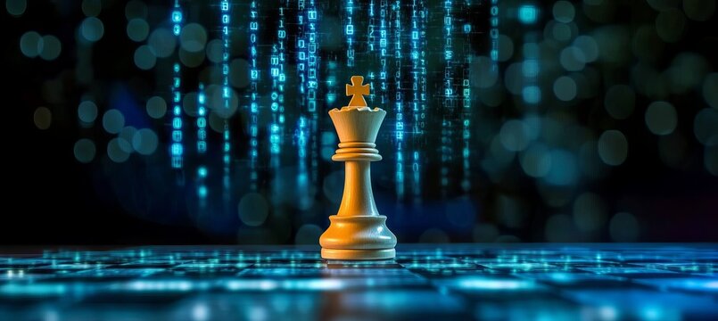 Chess King Piece Over a Digital Matrix of Binary Data and Cyber Security Code, AI Strategy