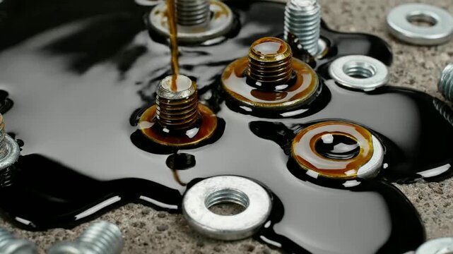 Oil spills onto metal fasteners demonstrating industrial contamination or oil slowly pouring over bolts and washers shows pollution and waste