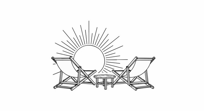Two deck chairs and a small table in front of a stylized sun