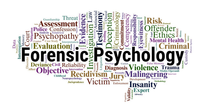 Forensic Psychology Word Cloud. Core Terms Surrounding Criminal Assessments, Courtroom Testimony, Risk Evaluation, and Legal Consultation within the Psychological Landscape.