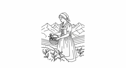 Obraz premium Woman in traditional dress gathering produce in scenic mountain landscape