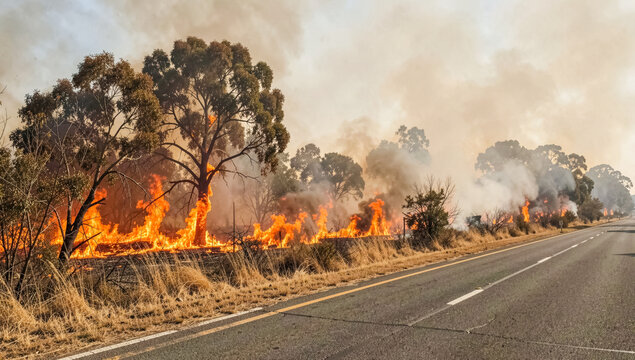 wildfire roadside grassfire bushfire flames smoke heat emergency evacuation danger vegetation burns beside highway lanes showing travel disruption climate stress and land management risk in dry season