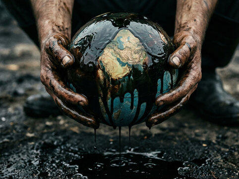 Oil covered Earth globe symbolizing Middle East conflict and energy crisis