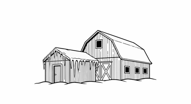 Black and white drawing of a barn with a smaller shed attached