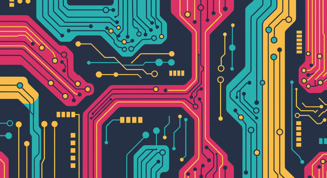 A vibrant, abstract circuit board design evokes technological innovation and digital connectivity, ideal for modern marketing materials and website ba