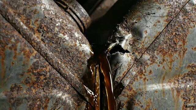 Oil leaking from rusty cans symbolizes resource depletion or Crude oil spills from damaged containers implying waste or pollution