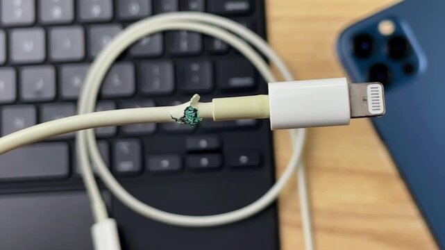 A close-up of a damaged Apple Lightning cable with worn insulation. Conceptually, it illustrates the problems of equipment failure, accessory wear, electronic repair, and charging issues.