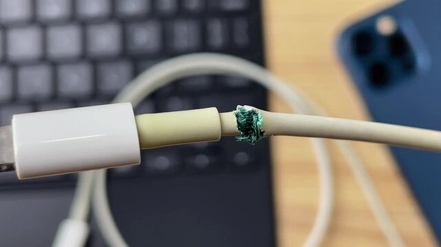 A close-up of a damaged Lightning charging cable with a torn protective sleeve. Conceptual reference to worn-out smartphone accessories, tech repair, and everyday problems.