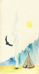Minimalist watercolor illustration of a native teepee and campfire under the sun © Maria