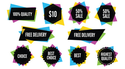 Fototapeta premium Collection of black promotional labels with colorful abstract geometric backgrounds, marketing stickers