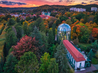Beautiful scenery of the autumnal park in Gdansk Oliwa at sunset. Poland