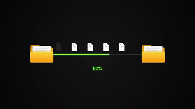File transfer animation between two folders on dark background. Documents moving along green progress line percent. Data migration and storage concept. Clean minimal UI design.