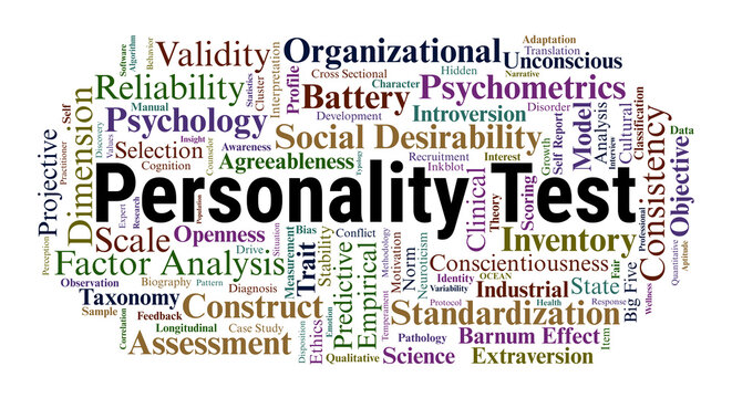 Personality Test Word Cloud. An Overview of Psychometric Validity, Reliability, Objective and Projective Inventories, and the Scientific Models used to Measure Individual Differences.
