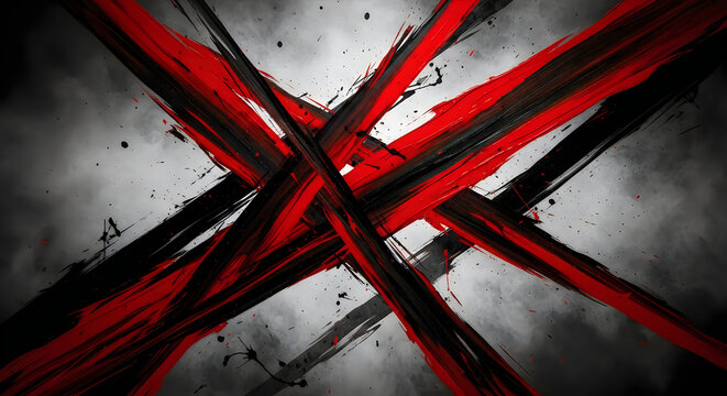 Abstract criss-cross pattern of red and black brush strokes on a textured grey background