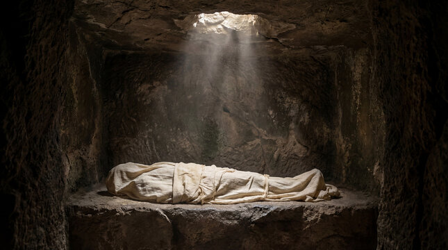 Body wrapped in a linen shroud lying on a stone slab inside a dark cave tomb. Shaft of light illuminating a biblical burial scene