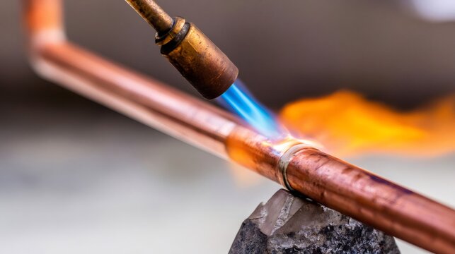 Brazing copper pipe with blowtorch and fire flame