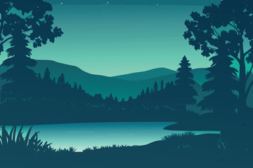 Serene nighttime landscape featuring silhouetted trees and a calm lake © MAYENUDDIN