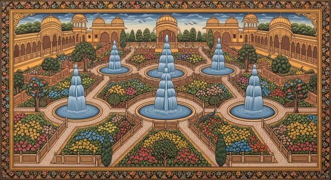 Mughal Garden with Fountains and Mughal Architecture.