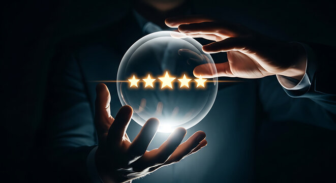 Professional hands controlling glowing sphere with five stars for premium service status and top level company reputation