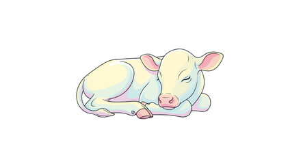 Cute white calf sleeping peacefully, illustration, farm animal, baby cow © budi