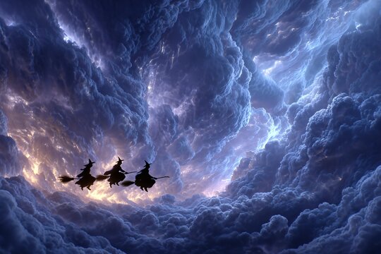 Three witches on broomsticks silhouetted against a dramatic, colorful, and mystical cloudy twilight sky.