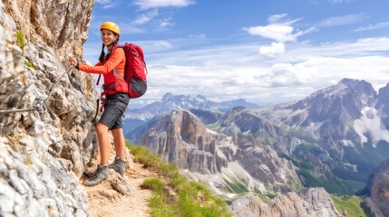Fototapeta premium Woman enjoying via ferrata climbing in italian dolomites