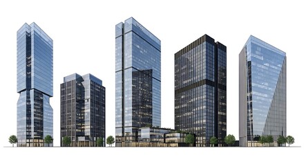 Obraz premium Modern glass skyscraper complex with contemporary office towers isolated on white background for architectural design