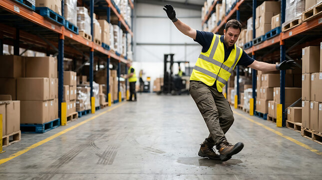 Warehouse Worker Slipping on Wet Floor in Distribution Center