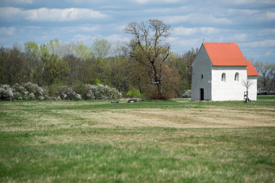 The ancient Church of St. Margaret of Antioch in Kopcany, a unique pre-romanesque stone chapel from the Great Moravian Empire standing in a spring field, Kopcany, Slovakia