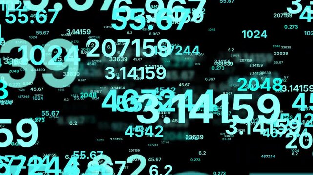 Floating cyan random numbers on dark background. Abstract digital data stream animation. Mathematical values scatter across screen. Big data analytics and technology concept.