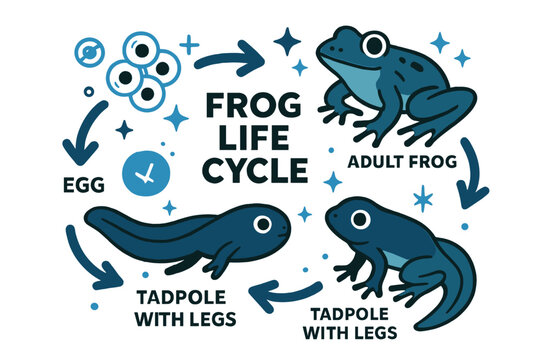 Frog Lifecycle Diagram. Frog lifecycle. Diagram showing full frog life cycle from egg to adult with abstract floating arrows, icons, and sparkles; emphasizes