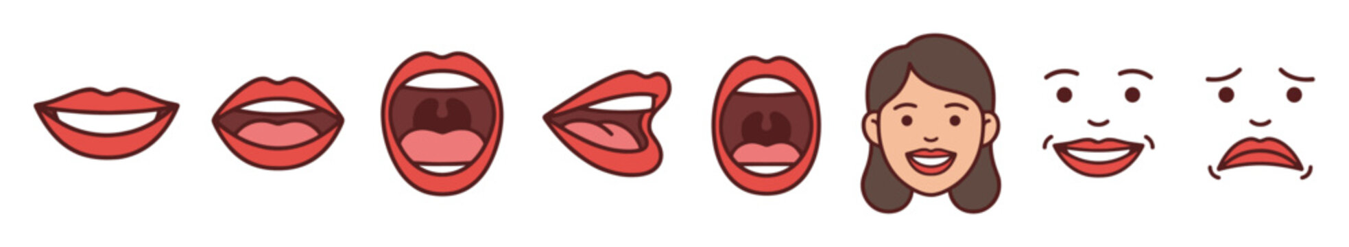 Cartoon woman character head with a set of mouth shapes for animation lip-sync. A constructor kit for creating talking and emotional character expressions.