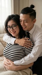 Fototapeta premium Cozy Couple Hug: Natural Light Portrait with Striped Fashion and Warm Tones