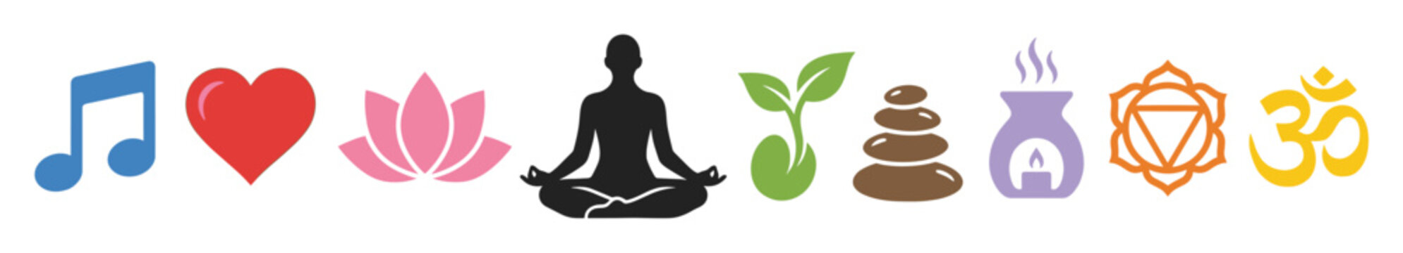 Holistic healing icon set with symbols for meditation, yoga, zen, and spirituality. Colorful vector illustration for wellness and mindfulness concepts.