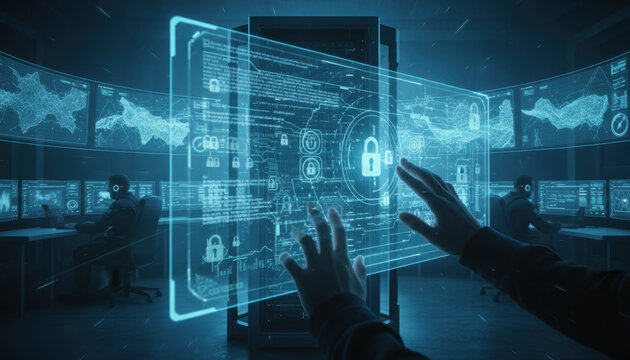 Futuristic Data Security Lab with Holographic Interfaces and Hands