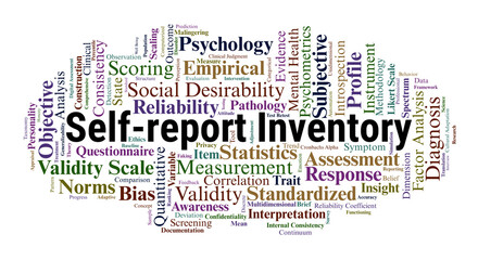 Fototapeta premium Self-report Inventory Word Cloud. A Comprehensive Map of Objective Measurement, Psychometric Validity, Personality Assessment, and Clinical Symptom Screening within Psychology.
