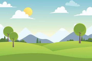 Fototapeta premium A bright cartoon landscape with rolling hills and a sunny sky