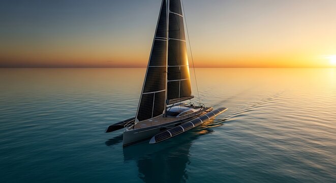 Majestic modern trimaran sailing yacht glides serenely across tranquil ocean waters during golden hour sunset, casting dramatic reflections, cinematic perspective.